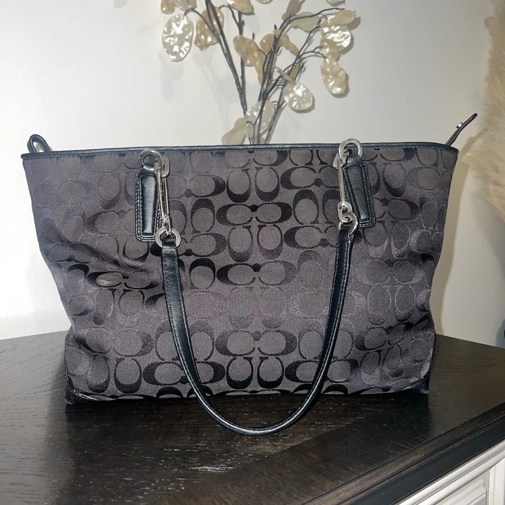 Coach black Signature Canvas Tote with Black Leather Straps